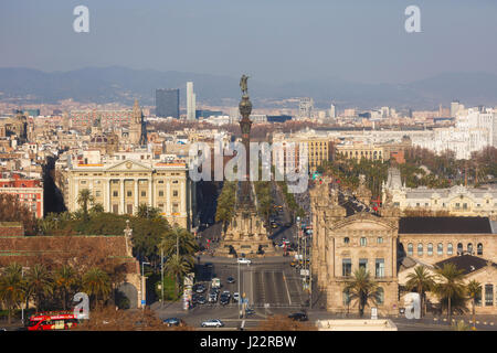 Barcelona, Spain - January 07 2017: Columbus monument in the background of cityscape of Barcelona, view from above Stock Photo