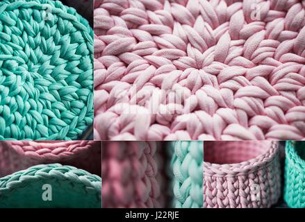 Baskets - turquoise and pink crochet around the circle of knitting yarn, made of cloth.Close Stock Photo
