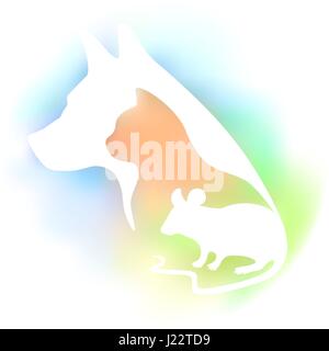 Colored logo for veterinary clinic and pet shop. Vector pets silhouette on a multicolored background. Dog, cat and mouse. Stock Vector