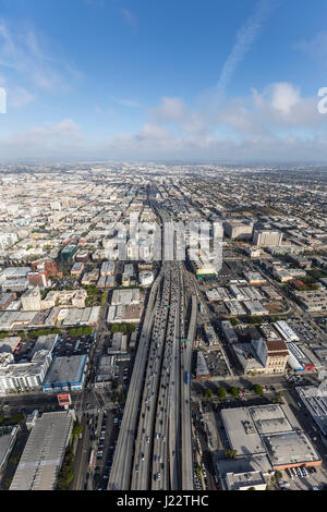 Los Angeles, California, USA - April 12, 2017:  Aerial view of afternoon traffic on the Santa Monica 10 Freeway south of downtown.