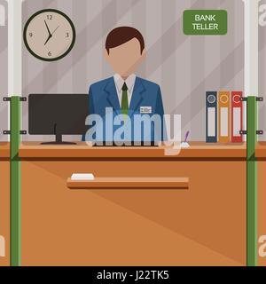 Bank teller behind window. Depositing money in bank account. People service and payment. Vector illustration in flat style Stock Vector