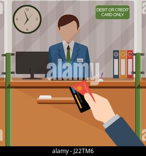 Bank teller behind window. Hand with card. Depositing money in bank account. Signboard Credit or Debit card payment only. People service and payment. Stock Vector