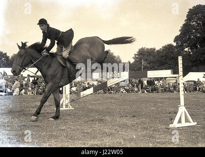 1950s, historical, a show jumper leaps over a fence or barrier at the Horse Show at the Bucks County Show, England, UK. Show umper courses are held over a course of obstacles, with the aim of jumping cleanly over the fences on a set of course within an allotted time. The barrier the jumper has leapt over here is a simple wooden structure with 'road closed' written on it, a multi-purpose barrier used in other areas of the county. Stock Photo