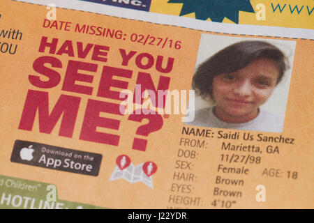 Have You Seen Me ad of missing girl) missing children, missing child, missing person, missing persons - USA Stock Photo