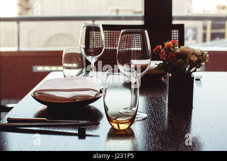 Served and decorated table in restaurant Stock Photo