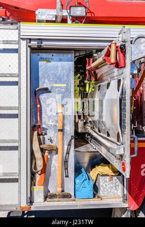 Brakne Hoby, Sweden - April 22, 2017: Documentary of public fire truck presentation. Stretcher and other tools visible inside the truck. Stock Photo