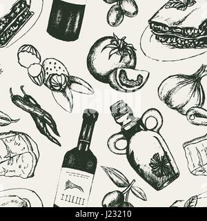 Italian Food - black and white vector hand drawn seamless pattern. Realistic olive, oil, garlic, vinegar, pasta, tomato, spicy pepper, cheese, almond, Stock Vector