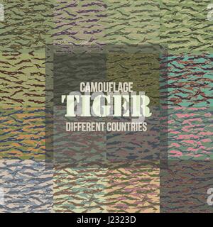 Tiger stripe Camouflage seamless patterns of different countries. Vector Illustration.
