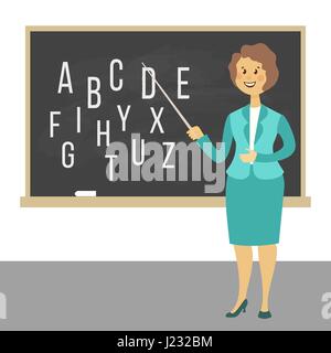 Young female teacher on lesson at blackboard in classroom. Teacher with pointer, teacher showing on board. Vector illustration Stock Vector