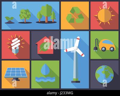 Horizontal flat design long shadow illustration with environment friendly behavior symbols Stock Vector