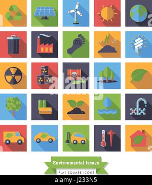 Collection of Environment and Climate related square flat design long shadow vector icons Stock Vector