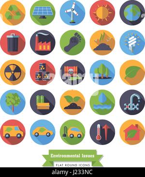 Collection of Environment and Climate related round flat design long shadow vector icons Stock Vector