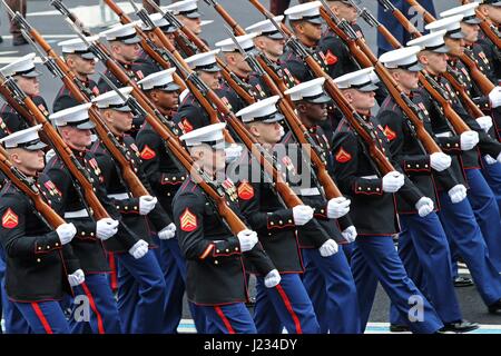 U.S. Marine Corps Honor Guard soldiers march down Pennsylvania Avenue during the 58th Presidential Inaugural Parade following the inauguration of President Donald Trump January 20, 2017 in Washington, DC.     (photo by Paige Behringer /US Army via Planetpix) Stock Photo