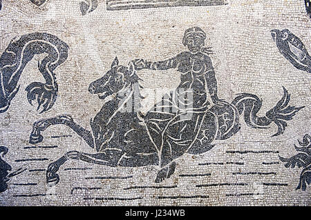 Black and white floor mosaic showing the marine or sea thiasos depicting Poseidon and his retinue. National Roman Museum, Rome, Italy Stock Photo