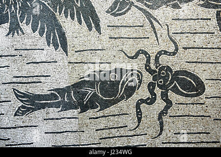 Black and white floor mosaic showing the marine or sea thiasos depicting Poseidon and his retinue.. National Roman Museum, Rome, Italy Stock Photo