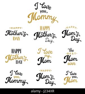Mothers Day Hand Lettering Calligraphic Inscriptions Set. Gold and black Emblems and Badges Collection Isolated on White. Brush lettering text for Mothers Day cards design. Font Vector Illustration. Stock Vector