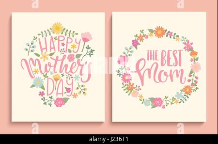 Set of Happy Mother's day cards with handdrawn lettering in floral circle. Vector Illustration. Stock Vector