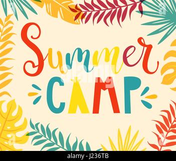 Summer camp handdrawn lettering with colourful tropical leaves on background. Vector illustration. Stock Vector