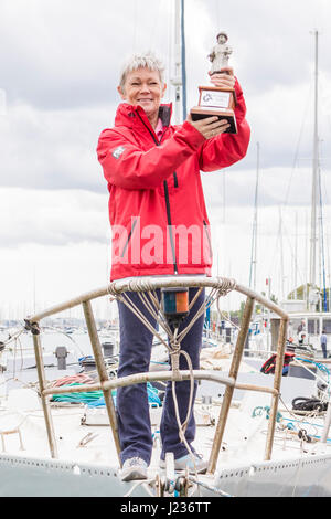 Tracy Edwards MBE with Beefeater trophy on board Maiden, the boat that made history 27 years ago. Picture date: Monday April 24, 2017. Stock Photo