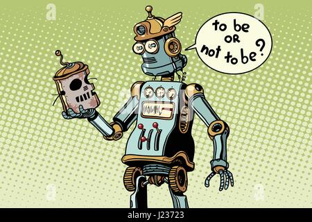 New robot looks at the skull of its predecessor, technical progress, in the pose of hamlet. Pop art retro vector illustration Stock Vector