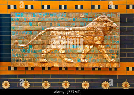 Lion relief on glazed bricks from the Ishtar Gate, Babylon, Iraq constructed in about 575 BC,  Istanbul Archaeological Museum. Stock Photo