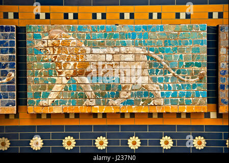 Lion relief on glazed bricks from the Ishtar Gate, Babylon, Iraq constructed in about 575 BC,  Istanbul Archaeological Museum. Stock Photo