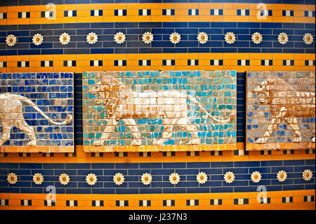 Lion relief on glazed bricks from the Ishtar Gate, Babylon, Iraq constructed in about 575 BC,  Istanbul Archaeological Museum. Stock Photo