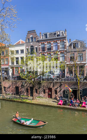 Little boat in the canals of Utrecht, The Netherlands Stock Photo