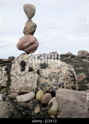 Balanced stones from the European Stone Stacking Championships held on 22nd April 2017 on a Dunbar beach. Stock Photo
