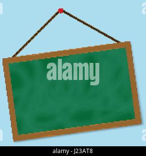 A wooden message board hung on a rope on a blue background Stock Vector