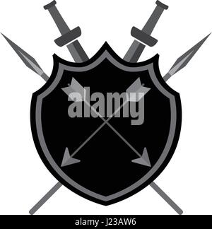 Shield with arrows swords and spears on a white background Stock Vector