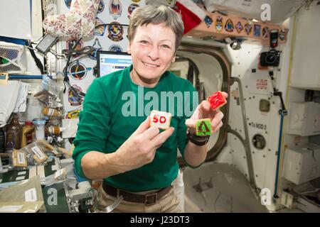NASA Expedition 50 crew member American astronaut Peggy Whitson decorates a cookie during a holiday celebration aboard the International Space Station December 24, 2017 in Earth orbit.    (photo by NASA via Planetpix) Stock Photo