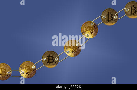 Set of gold bitcoins linked by chain - Bitcoin blockchain concept Stock Photo