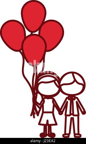 red silhouette of caricature faceless couple of boy short hair and girl with side hairstyle with many balloons Stock Vector