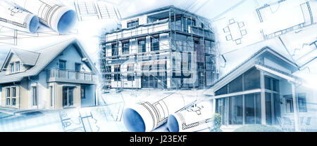 New buildings with a shell and blueprints as a symbol for the construction industry or the real estate industry. Stock Photo