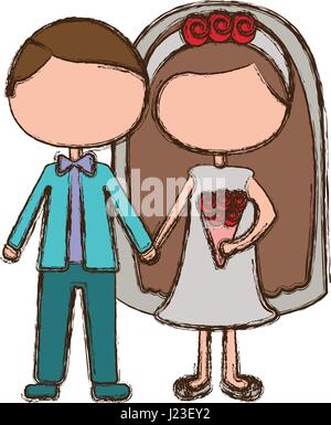blurred colorful faceless cartoon groom with formal suit and bride with long hair Stock Vector