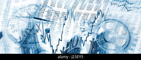 Share prices, charts, compass and gears as a symbol for the development of the market. Stock Photo