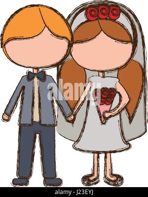 blurred colorful faceless cartoon groom with formal suit and bride with pigtails hairstyle Stock Vector