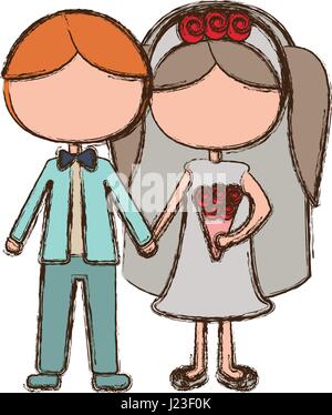 blurred colorful faceless cartoon groom with formal wear and bride with pigtails hairstyle Stock Vector
