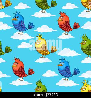 Funny Birds on Clouds, Seamless Stock Vector