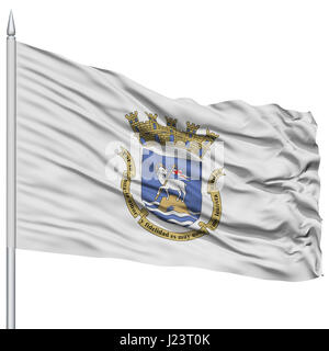 San Juan Flag on Flagpole, Capital of Puerto Rico State, Flying in the Wind, Isolated on White Background Stock Photo