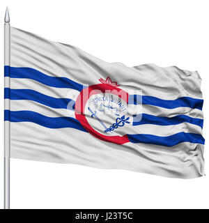 Cincinnati City Flag on Flagpole, Ohio State, Flying in the Wind, Isolated on White Background Stock Photo
