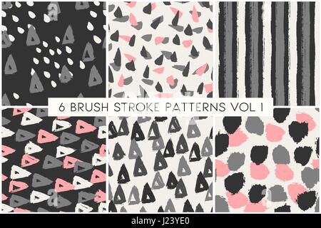 A set of 6 hand painted brush stroke patterns in pastel pink, gray and black on cream background. Seamless abstract repeat background, gift wrap, wall Stock Vector