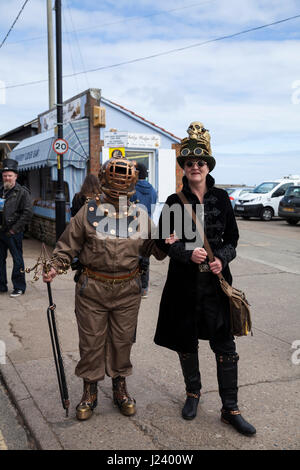 Two female Steampunks dressed up for the Whiby Goth Weekend celebrations in North Yorkshire,England,UK Stock Photo