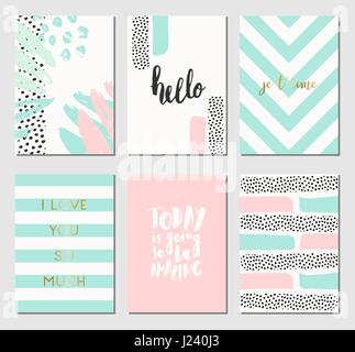 A set of abstract design cards in mint green, white and pastel pink. Modern and stylish abstract composition poster, cover, card design. Stock Vector