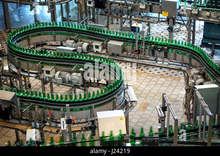 Ceske Budejovice, Czech Republic - June 30, 2016: Budvar Budweiser brewery. Bottle sorting, washing and beer bottling workshop with assembly-lines. Stock Photo