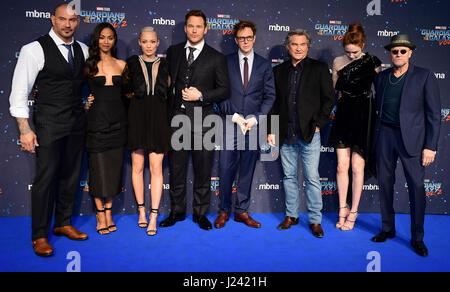 The cast (left to right) Dave Bautista, Zoe Saldana, Pom Klementieff, Chris Pratt, James Gunn, Kurt Russell, Karen Gillan and Michael Rooker attending The European Premiere of Guardians of the Galaxy Vol. 2 held at the Eventim Apollo, London. PRESS ASSOCIATION Photo. Picture date: Monday April 24, 2017. See PA story SHOWBIZ Galaxy. Photo credit should read: Ian West/PA Wire Stock Photo