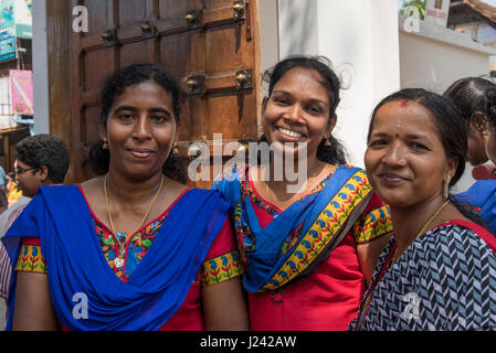 India, Kanyakumari District, State of Tamil Nadu. Padmanabhapuram Palace. Happy local women in typical attire. Stock Photo