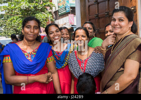 India, Kanyakumari District, State of Tamil Nadu. Padmanabhapuram Palace. Happy local women in typical attire. Stock Photo