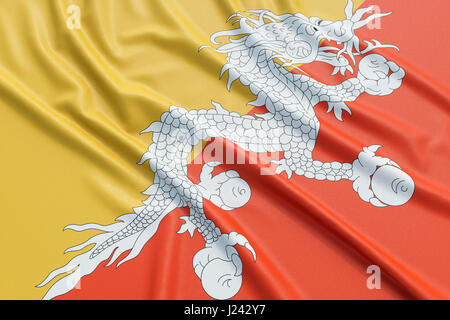 Bhutan flag. Wavy fabric high detailed texture. 3d illustration rendering Stock Photo